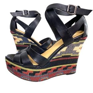Zodiac Black Leather Sandal with Aztec Wedge Heel Size 6